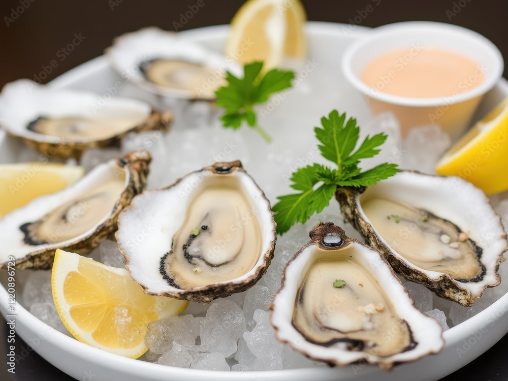 Fresh Oysters on Ice with Lemon Wedges and Garnish Served Fresh Oysters on Ice with Lemon Wedges and Garnish Served