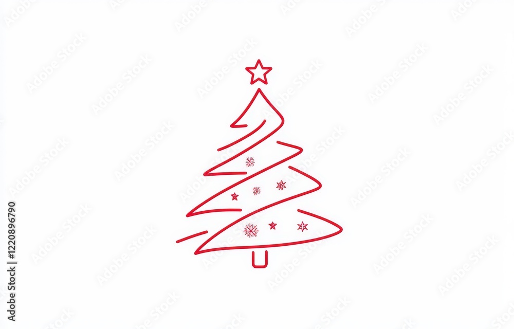 A line drawing of a beautifully decorated Christmas tree with a star A line drawing of a beautifully decorated Christmas tree with a star