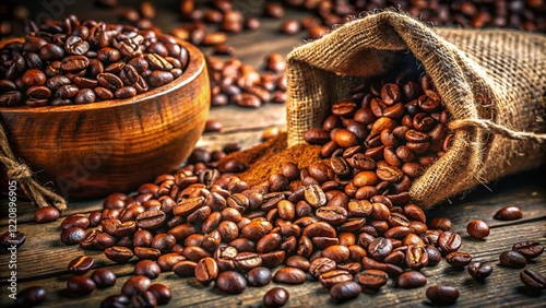 Coarsely Ground Coffee Beans in Open Packaging - Rustic Documentary Style Stock Photo photo