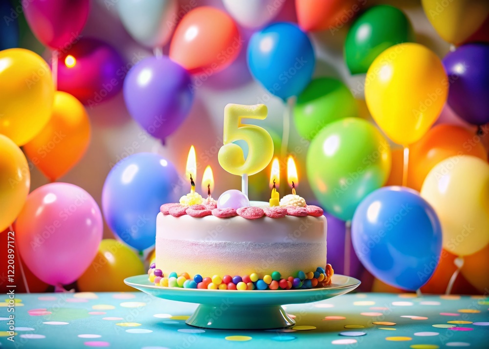 Colorful 5th Birthday Cake with Candles, Balloons & Bokeh - Pastel Background, Space for Text Colorful 5th Birthday Cake with Candles, Balloons & Bokeh - Pastel Background, Space for Text