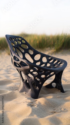 Unique black chair design situated on sandy beach during sunset with grass in background enhancing the tranquility