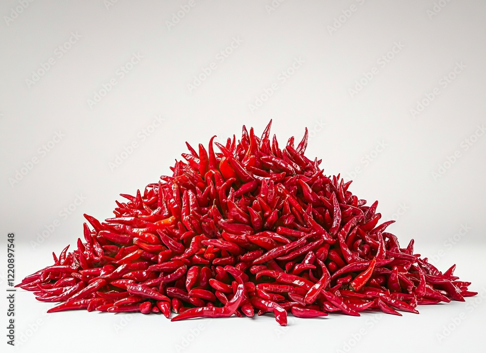 Fototapeta premium Pile of red chili peppers isolated on a white background with a clipping path, flying hot chili pepper stock photo, 