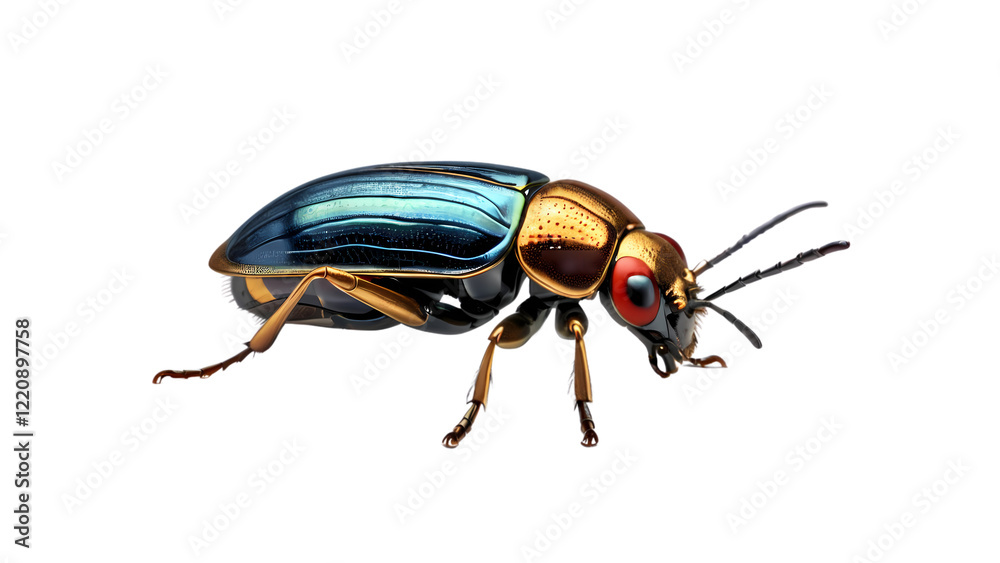 Colorful metallic beetle with intricate details on a white background in close-up view Colorful metallic beetle with intricate details on a white background in close-up view