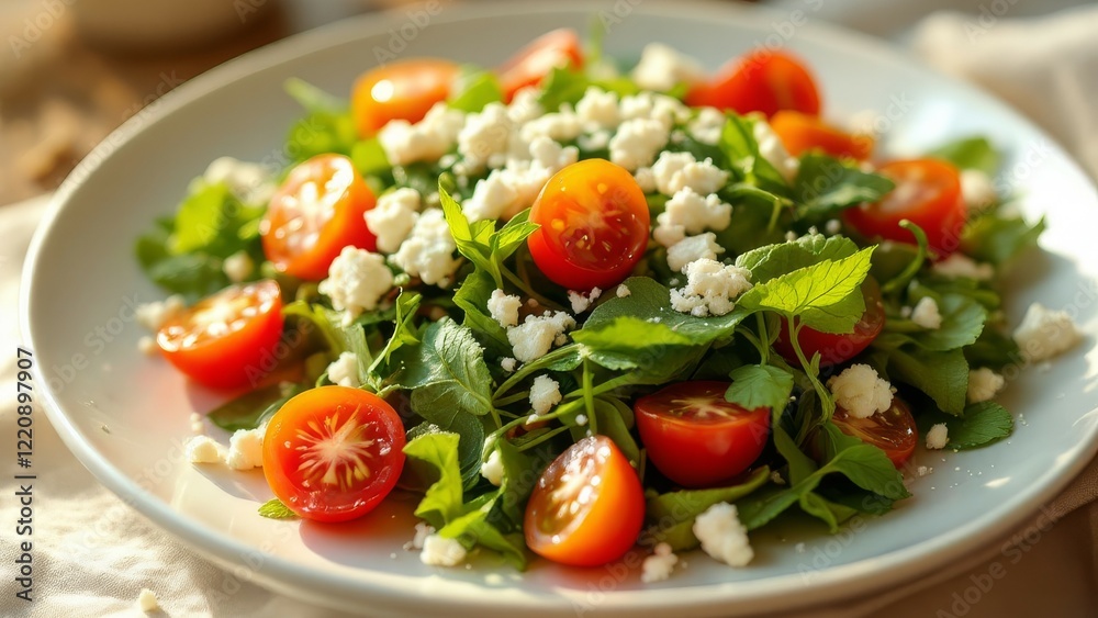 Medium shot of a fresh salad with cherry tomatoes and feta cheese on a white plate under soft natural light Medium shot of a fresh salad with cherry tomatoes and feta cheese on a white plate under soft natural light