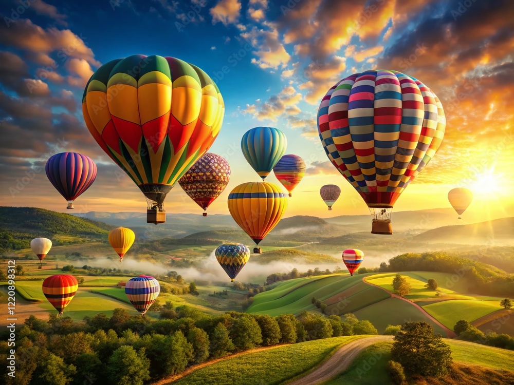 Fototapeta premium Colorful Hot Air Balloons Soaring Over Scenic Landscape at Sunrise