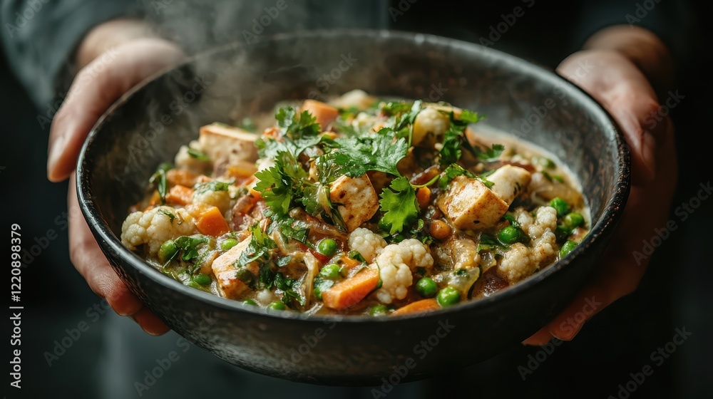 A steaming bowl of tofu stir-fry with vegetables like cauliflower and peas, garnished with cilantro, representing warmth and comfort in a healthy meal.