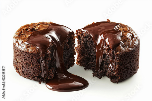 Indulgent chocolate lava cake with rich molten center vividly displayed against a clean white background photo