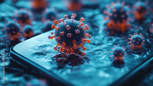 A close-up, digitally rendered image showing various virus-like particles floating in a vibrant, abstract environment.