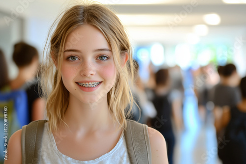 close up of teenage girl with braces smiling in school hallway, surrounded by students. Her bright eyes and cheerful expression convey sense of youth and happiness