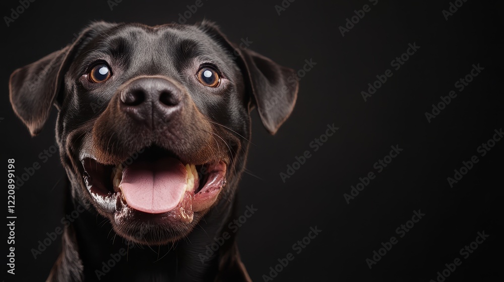 A joyful black dog shows excitement and happiness with its mouth open, bright eyes, and a playful demeanor against a dark background, showcasing canine expressions. A joyful black dog shows excitement and happiness with its mouth open, bright eyes, and a playful demeanor against a dark background, showcasing canine expressions.