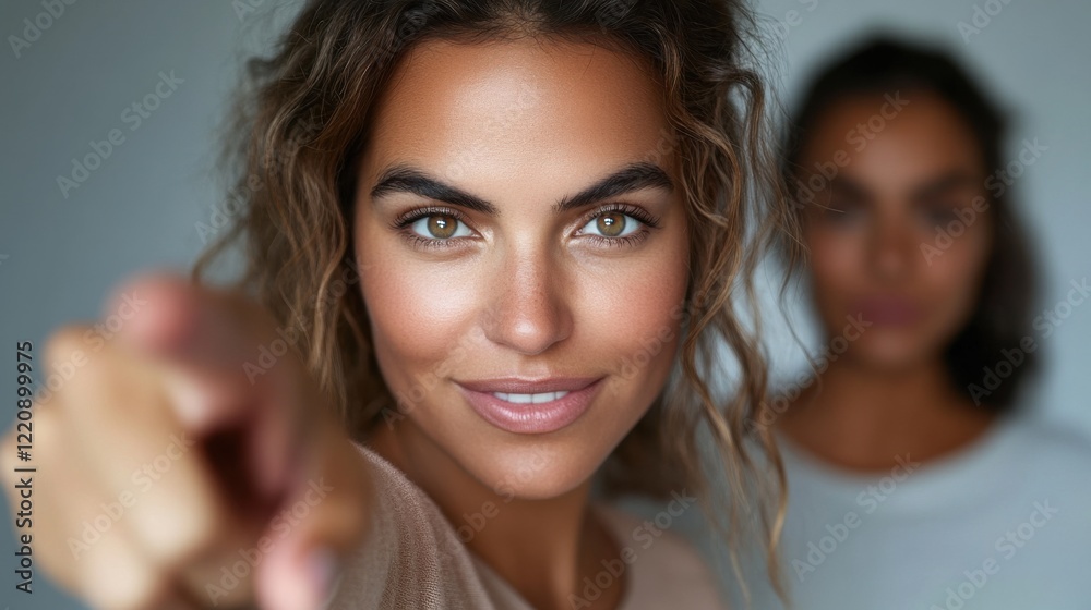 Confident young woman points at the camera with a smile while her friend stands softly blurred in the background Confident young woman points at the camera with a smile while her friend stands softly blurred in the background