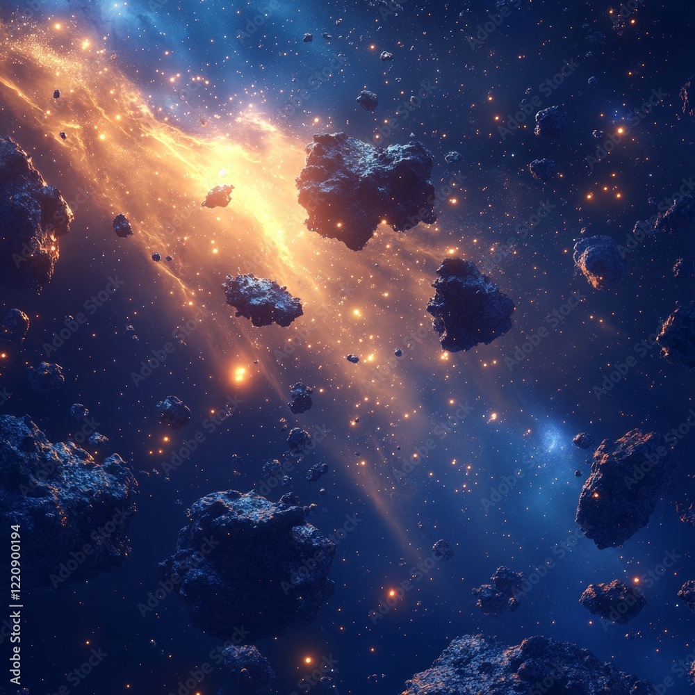 Fototapeta premium A dense field of asteroids with stars and a galaxy. Ideal for space exploration, astronomy, and sci-fi themes.