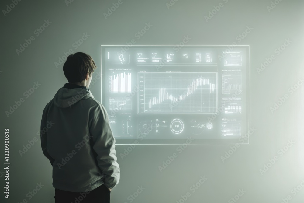 Obraz premium A person observes a futuristic holographic display showing various data graphs and charts.