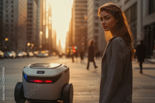 Fototapeta Naklejka Na Ścianę i Meble -  A young woman stands on a city street at sunset, near a small autonomous delivery robot.