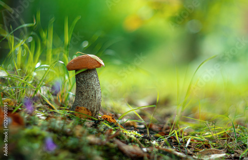 Horsetail is a red mushroom of the genus obabok of the Bolete family.Picking mushrooms in the forest. photo