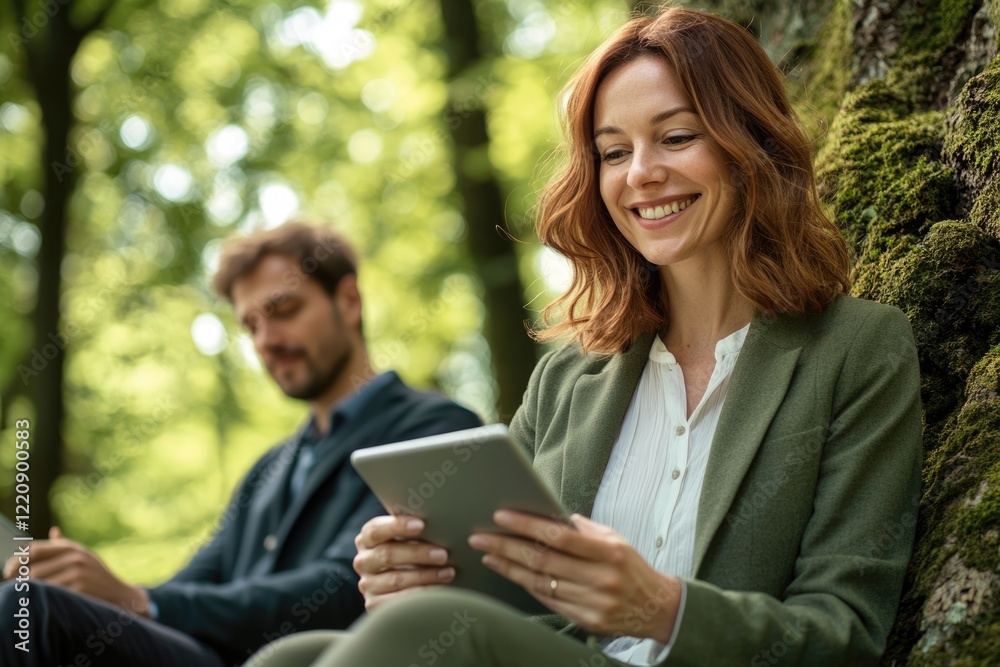 A woman smiles while using a tablet outdoors, with a blurred man in the background. A woman smiles while using a tablet outdoors, with a blurred man in the background.