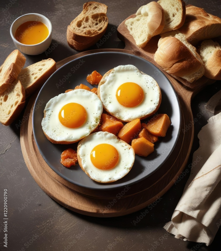 A plate of two fried eggs served with a side of warm, crusty bread for dipping in the runny egg yolks, eggs, breakfast A plate of two fried eggs served with a side of warm, crusty bread for dipping in the runny egg yolks, eggs, breakfast
