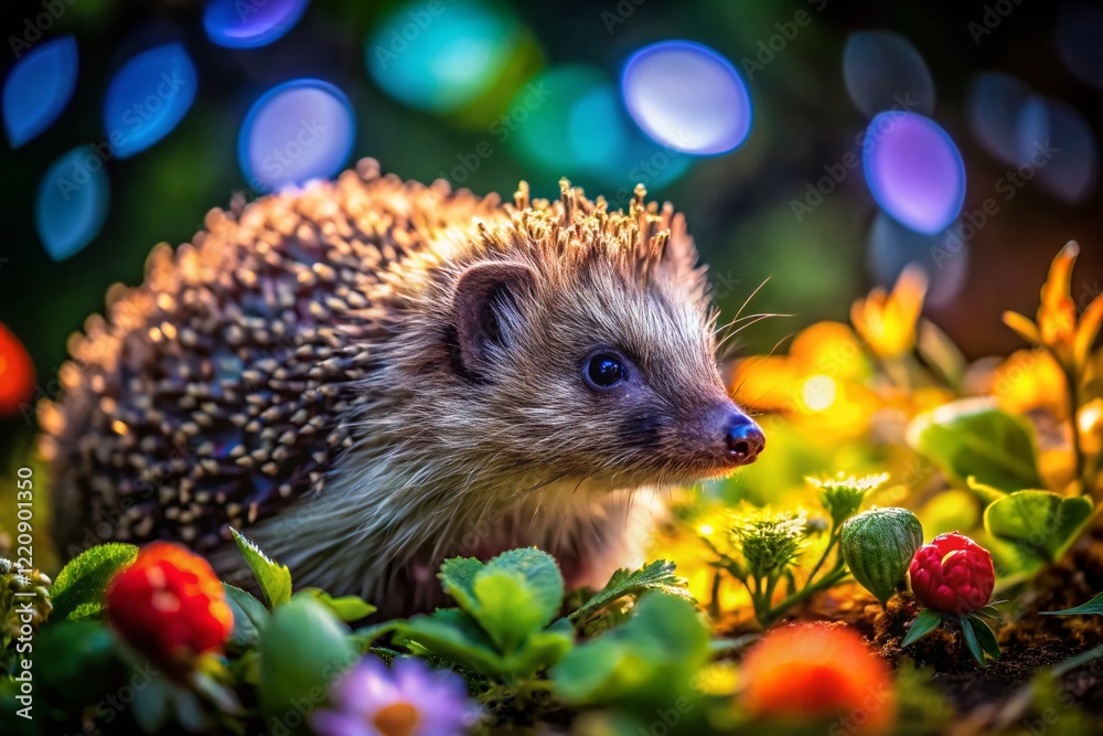 Night Photography: Illuminated Hedgehog in Lush Garden Night Photography: Illuminated Hedgehog in Lush Garden