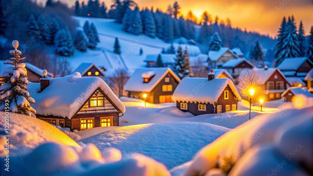 Cozy Snowy Village at Dusk: Warmly Lit Houses in Winter Wonderland Cozy Snowy Village at Dusk: Warmly Lit Houses in Winter Wonderland
