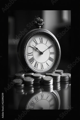 A vintage clock is positioned next to stacks of coins, symbolizing the relationship between time and money in a monochromatic setting. photo