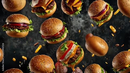 A dynamic array of burgers with varying toppings is displayed against a dark background, with some ingredients and condiments appearing to levitate among the burgers. 