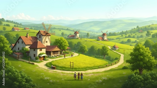 A picturesque village surrounded by lush greenery, traditional windmills, and winding farm paths.