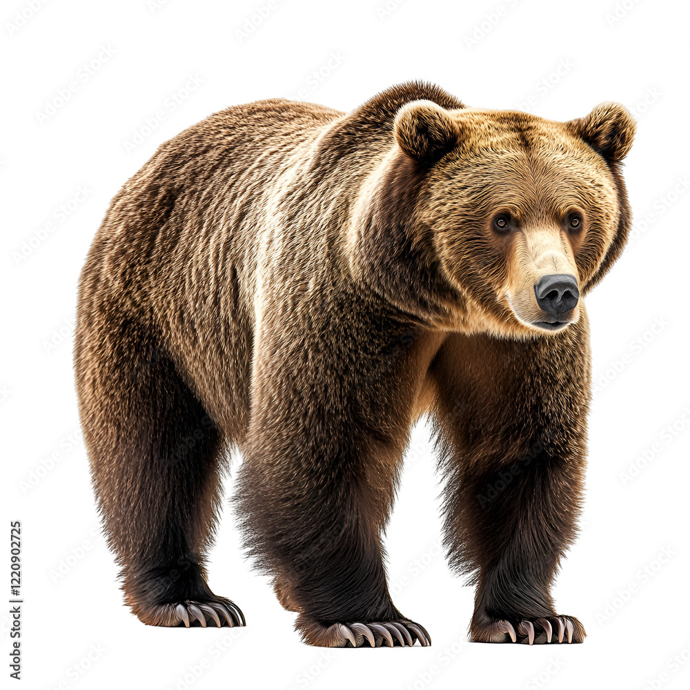 Fototapeta premium Angled view full body shot of an extremely perfect looking single Marsican Brown Bear animal isolated on a white transparent background
