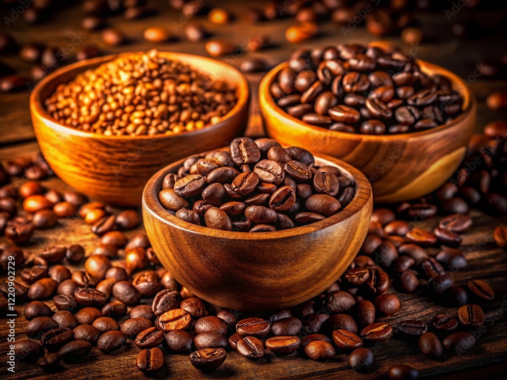 Fototapeta premium Night Photography: Three Aromatic Coffee Bean Varieties in Wooden Bowls