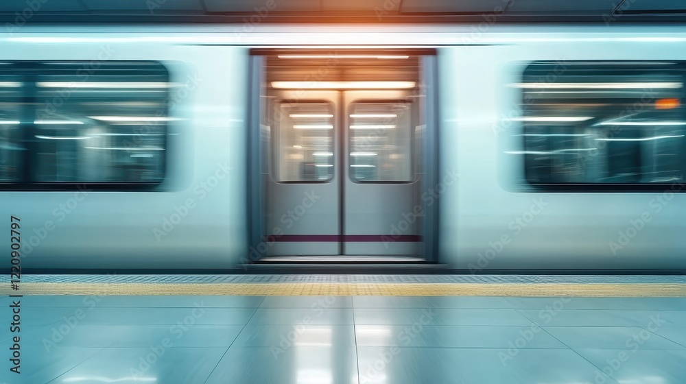 Obraz premium A subway train in motion, blurring past the platform, encapsulating the vibrant energy of city life and the swift efficiency of public transportation.
