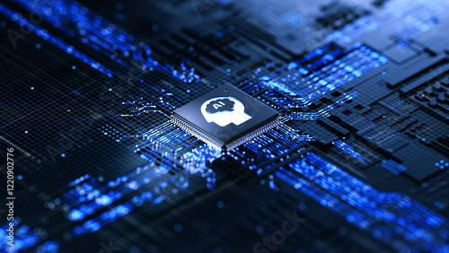 AI chip on a circuit board. Symbolizes technological advancement and artificial intelligence integration. 3d rendering, conceptual image.