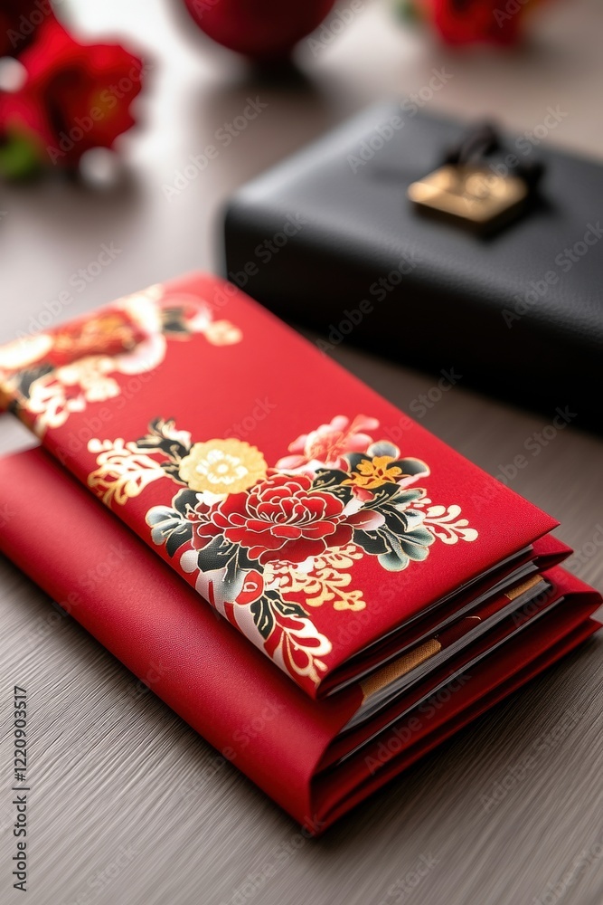 Elegant Red Wallet with Floral Design and Luxury Black Accessory Elegant Red Wallet with Floral Design and Luxury Black Accessory