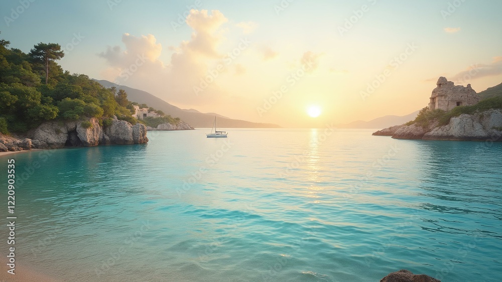 Fototapeta premium A tranquil bay with crystal-clear waters is surrounded by lush greenery and ancient ruins, while a sailing boat glides smoothly through the calm sea.