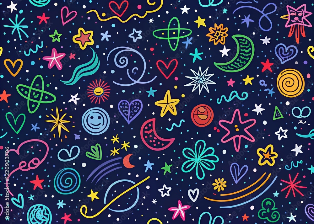 Fototapeta premium Night Sky Doodle Pattern: Fun Kids Scribble Background for Trendy Designs
