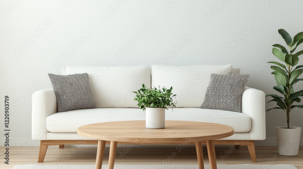 Naklejka premium A cozy, modern living room featuring a white sofa, decorative pillows, a wooden coffee table, and green plants against a light wall.