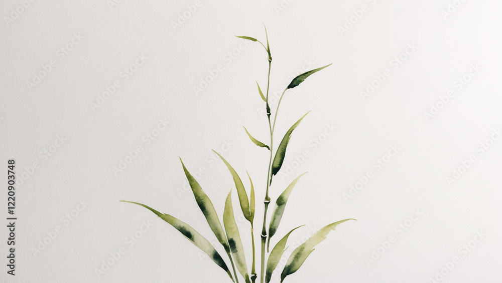 Fototapeta premium Green Bamboo Hand Painted Watercolor Artwork on White Background for Calming Home Decor