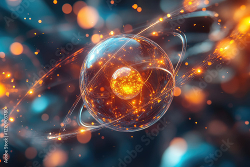 Abstract depiction of an atom, glowing with vibrant energy and intricate orbital pathways. photo