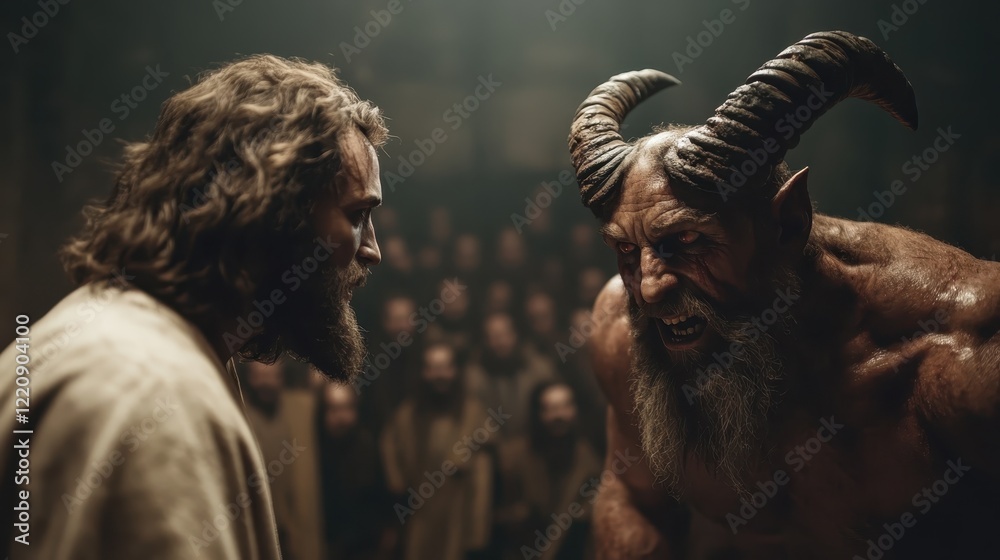 A fierce confrontation between a horned figure and a man showcasing intense emotions; capturing the struggle between good and evil with dramatic lighting and expressions.