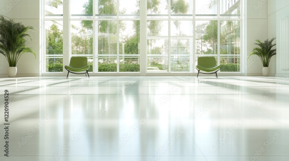 Fototapeta premium A tranquil area featuring elegant green chairs and large windows, inviting nature indoors, creating a serene environment perfect for relaxation or work.