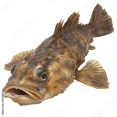 Angled view full body shot of an extremely perfect looking single Monkfish animal isolated on a white transparent background