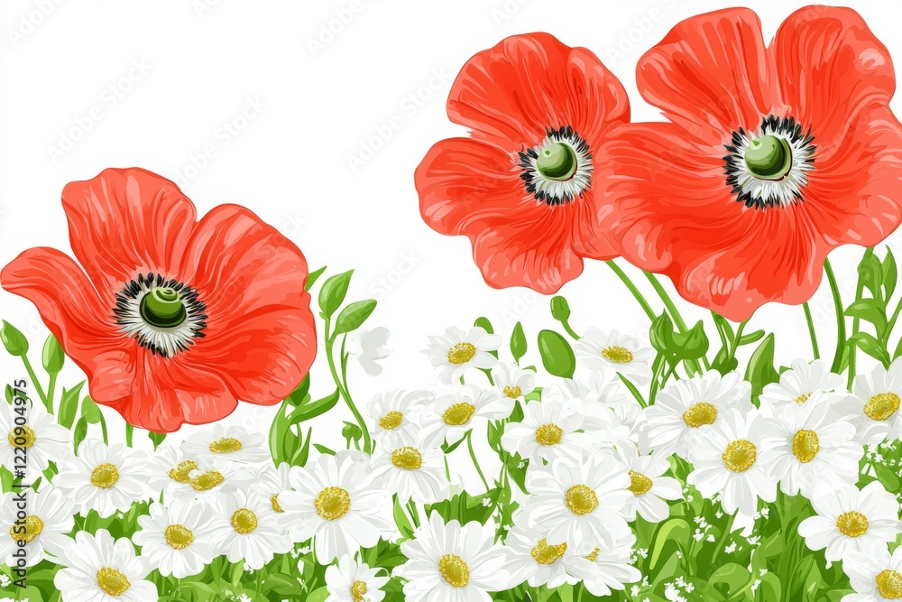 Obraz premium Vibrant Red Poppies and White Daisies in a Lush Floral Background for Fresh Nature Designs