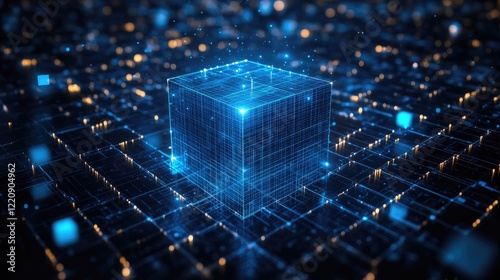 Abstract 3D composition of overlapping and floating cubes in various shades of blue,