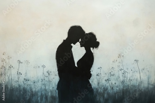 Silhouette of a couple embracing in a field, a tender moment captured in artistic strokes.