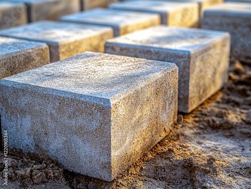 Concrete paving stones arranged in rows on soil photo