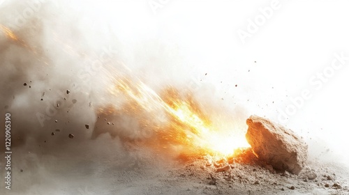 A small meteorite impacting the ground with a flash of light and smoke rising from the crater, on a white background.