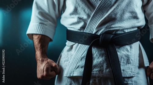 A powerful image showcasing a martial artist in a karate gi, showcasing strength with a black belt while preparing for a disciplined practice or competition. photo
