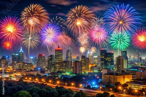 Dazzling Fireworks Over City Skyline at Night Festival Celebration