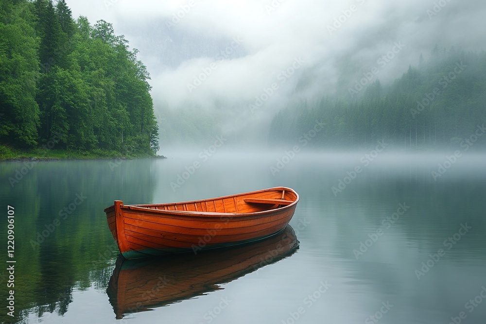 Lone orange boat on misty lake with forested mountain background Lone orange boat on misty lake with forested mountain background