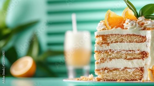 This image showcases a vibrant layered citrus cake with decorative toppings and an accompanying drink, evoking feelings of refreshment and celebration. photo