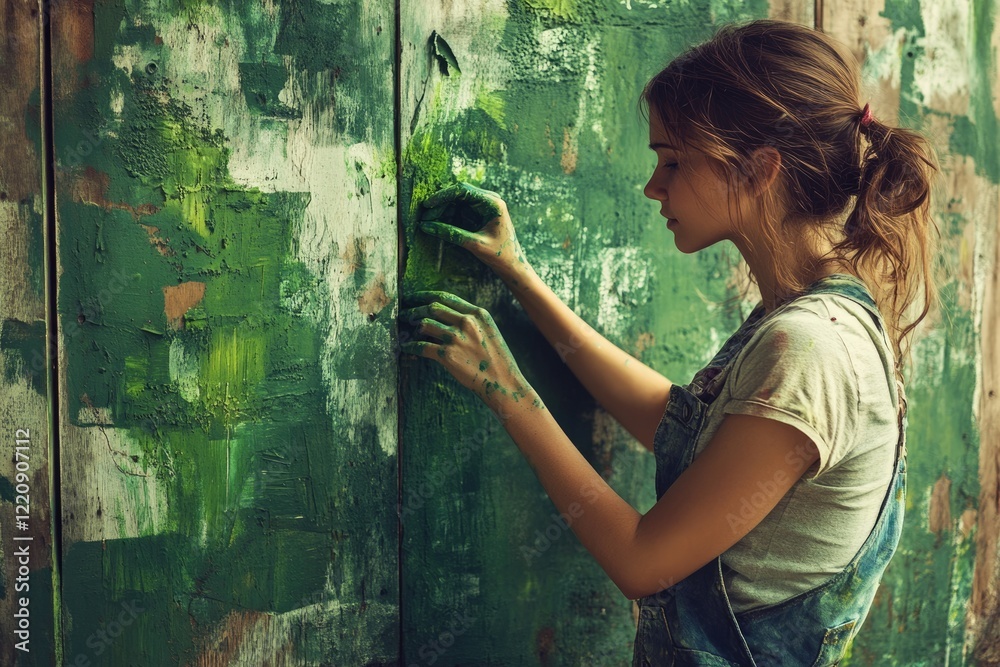 Fototapeta premium A young woman artist paints a green textured wall, her hands and clothes stained with paint.