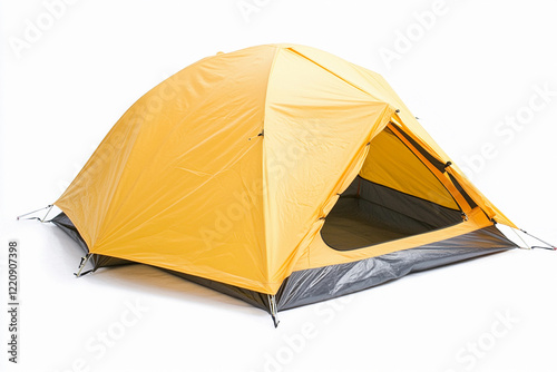 Bright yellow camping tent set up for outdoor adventure photo